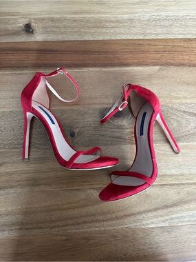Stuart Weitzman Red Suede Ankle-Strap Nudist Stiletto Sandals